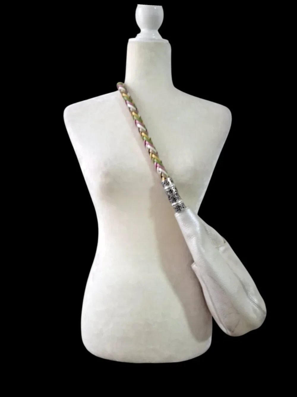 Brighton Women's Cream Pearl Pebbled Leather Hobo Bag Braided Shoulder Strap